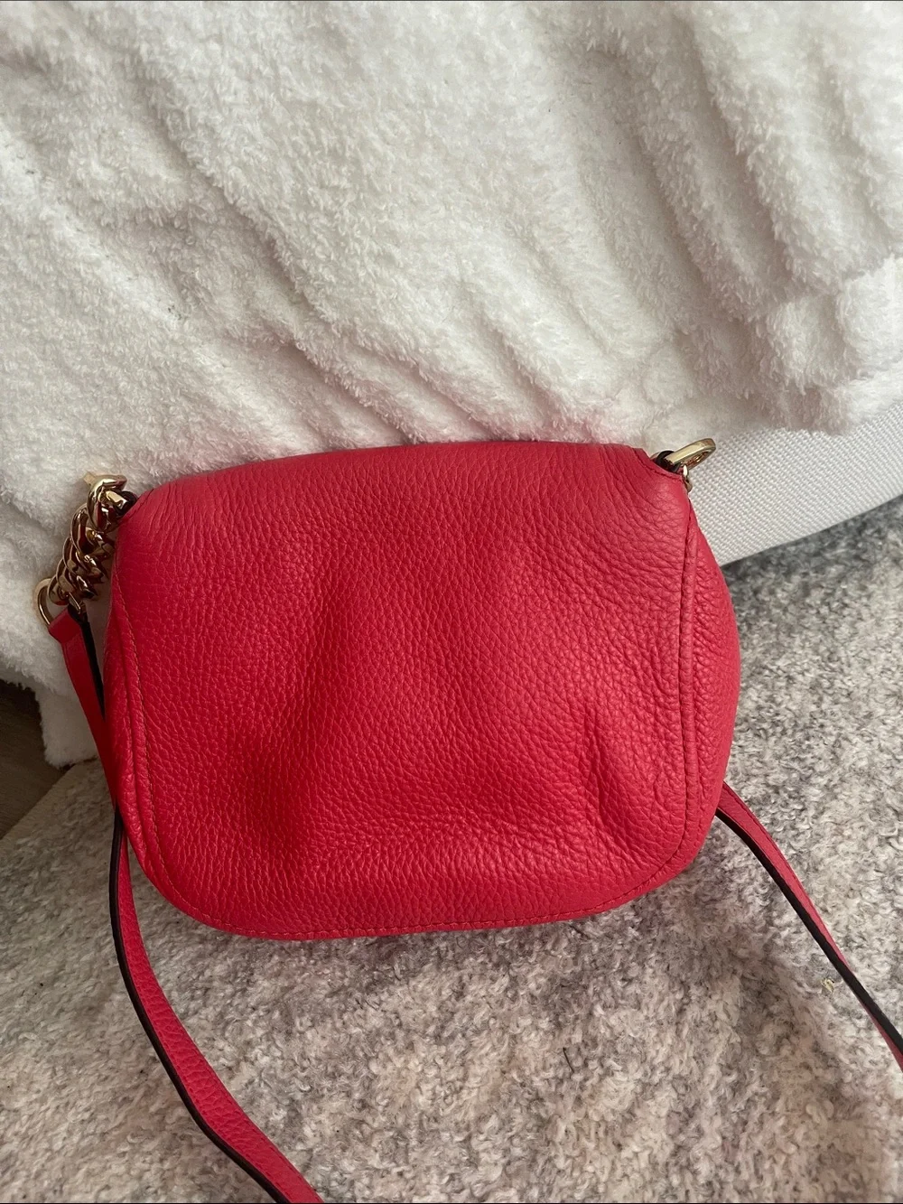 Michael Kors Bright Coral Pebbled Leather Crossbody with Gold Chain